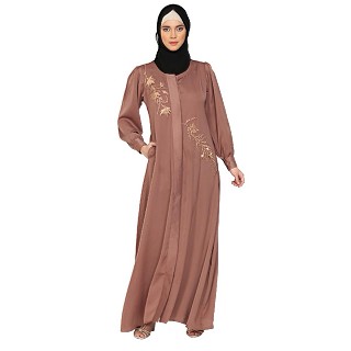 Front Open cuff sleeves  Embroidery Abaya - Rose Golden